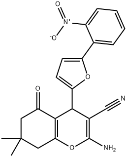 2-amino-7,7-dimethyl-4-[5-(2-nitrophenyl)furan-2-yl]-5-oxo-5,6,7,8-tetrahydro-4H-chromene-3-carbonitrile Struktur
