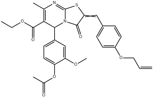 (E)-ethyl 5-(4-acetoxy-3-methoxyphenyl)-2-(4-(allyloxy)benzylidene)-7-methyl-3-oxo-3,5-dihydro-2H-thiazolo[3,2-a]pyrimidine-6-carboxylate Struktur