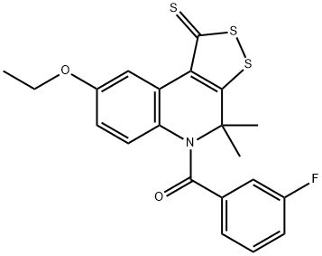 8-ethoxy-5-(3-fluorobenzoyl)-4,4-dimethyl-4,5-dihydro-1H-[1,2]dithiolo[3,4-c]quinoline-1-thione Struktur