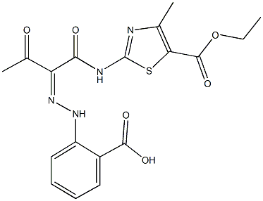 2-{2-[1-({[5-(ethoxycarbonyl)-4-methyl-1,3-thiazol-2-yl]amino}carbonyl)-2-oxopropylidene]hydrazino}benzoic acid Struktur