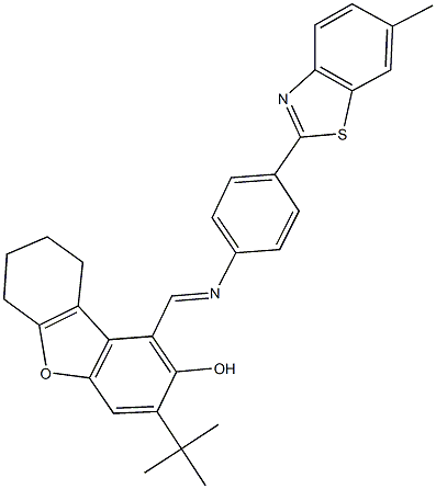 3-tert-butyl-1-({[4-(6-methyl-1,3-benzothiazol-2-yl)phenyl]imino}methyl)-6,7,8,9-tetrahydrodibenzo[b,d]furan-2-ol Struktur