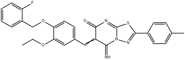 6-{3-ethoxy-4-[(2-fluorobenzyl)oxy]benzylidene}-5-imino-2-(4-methylphenyl)-5,6-dihydro-7H-[1,3,4]thiadiazolo[3,2-a]pyrimidin-7-one Struktur