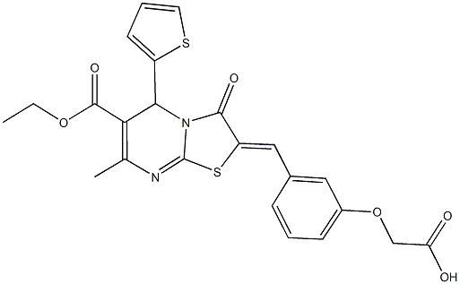 {3-[(6-(ethoxycarbonyl)-7-methyl-3-oxo-5-(2-thienyl)-5H-[1,3]thiazolo[3,2-a]pyrimidin-2(3H)-ylidene)methyl]phenoxy}acetic acid Struktur