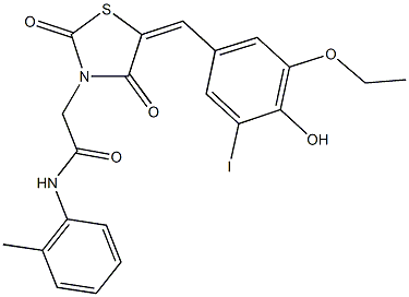 2-[5-(3-ethoxy-4-hydroxy-5-iodobenzylidene)-2,4-dioxo-1,3-thiazolidin-3-yl]-N-(2-methylphenyl)acetamide Struktur