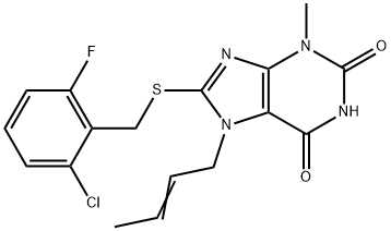 7-[(E)-but-2-enyl]-8-[(2-chloro-6-fluorophenyl)methylsulfanyl]-3-methylpurine-2,6-dione Struktur