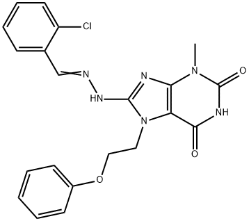 8-[(2E)-2-[(2-chlorophenyl)methylidene]hydrazinyl]-3-methyl-7-(2-phenoxyethyl)purine-2,6-dione Struktur