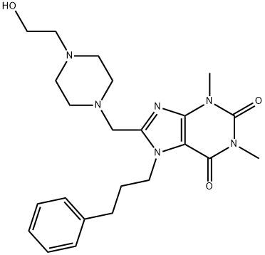 8-[[4-(2-hydroxyethyl)piperazin-1-yl]methyl]-1,3-dimethyl-7-(3-phenylpropyl)purine-2,6-dione Struktur