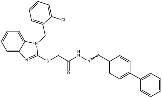 2-[1-[(2-chlorophenyl)methyl]benzimidazol-2-yl]sulfanyl-N-[(E)-(4-phenylphenyl)methylideneamino]acetamide Struktur