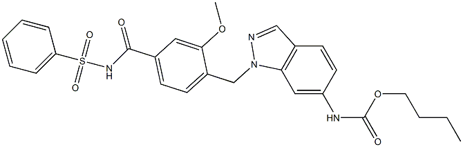 4-[6-Butoxycarbonylamino-1H-indazol-1-ylmethyl]-3-methoxy-N-phenylsulfonylbenzamide Struktur