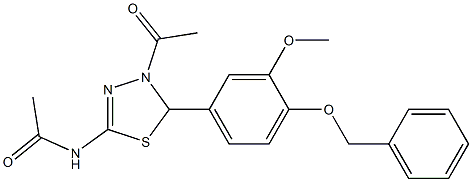 N-{4-acetyl-5-[4-(benzyloxy)-3-methoxyphenyl]-4,5-dihydro-1,3,4-thiadiazol-2-yl}acetamide Struktur