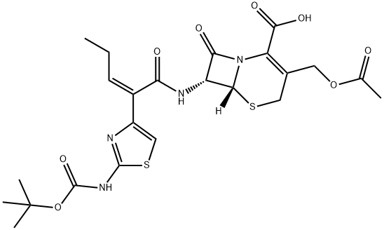 5-Thia-1-azabicyclo[4.2.0]oct-2-ene-2-carboxylic acid, 3-[(acetyloxy)methyl]-7-[[(2Z)-2-[2-[[(1,1-dimethylethoxy)carbonyl]amino]-4-thiazolyl]-1-oxo-2-penten-1-yl]amino]-8-oxo-, (6R,7R)- Structure