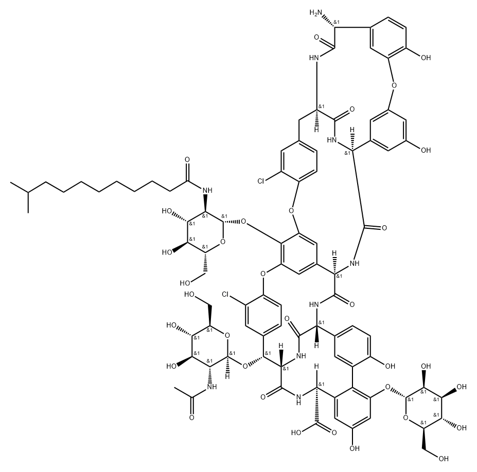 Ristomycin A aglycone, 34-O-2-(acetylamino)-2-deoxy-.beta.-D-glucopyranosyl-22,31-dichloro-7-demethyl-64-O-demethyl-19-deoxy-56-O-2-deoxy-2-(10-methyl-1-oxoundecyl)amino-.beta.-D-glucopyranosyl-42-O-.alpha.-D-mannopyranosyl- Struktur