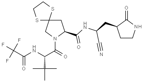 (S)-N-((S)-1-氰基-2-((S)-2-氧代吡咯烷-3-基)乙基)-7-((S)-3,3-二甲基-2-(2,2,2-三氟乙酰氨基)丁酰基)-1,4-二硫雜-7-氮雜螺[4.4]壬烷-8-甲酰胺, 2920904-06-7, 結(jié)構(gòu)式