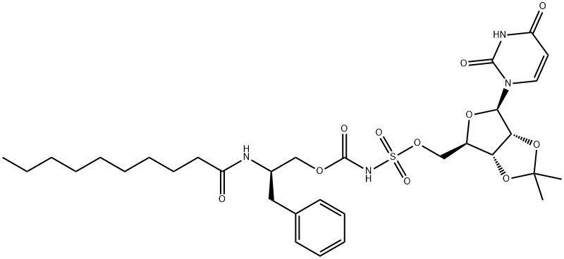 5'-O-(((2-decanoyl-amino-3-hydroxy-3-phenylpropyloxycarbonyl)amino)sulfonyl)-2',3'-O-isopropylideneuridine Struktur