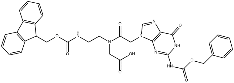 Glycine, N-[[1,6-dihydro-6-oxo-2-[[(phenylMethoxy)carbonyl]aMino]-9H-purin-9-yl]acetyl]-N-[2-[[(9H-fluoren-9-ylMethoxy)carbonyl]aMino]ethyl]- Struktur