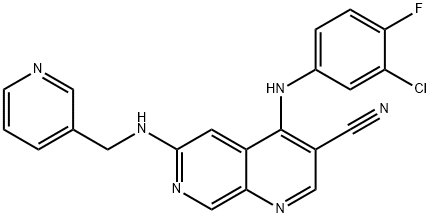 4-[(3-Chloro-4-fluorophenyl)amino]-6-[(3-pyridinylmethyl)amino]-1,7-naphthyridine-3-carbonitrile Struktur