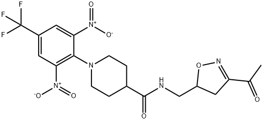 N-[(3-ACETYL-4,5-DIHYDRO-5-ISOXAZOLYL)METHYL]-1-[2,6-DINITRO-4-(TRIFLUOROMETHYL)PHENYL]-4-PIPERIDINECARBOXAMIDE Struktur
