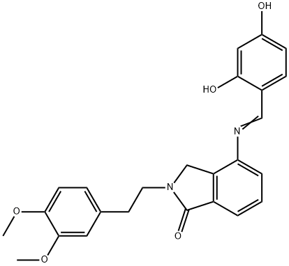 4-([(E)-(2,4-DIHYDROXYPHENYL)METHYLIDENE]AMINO)-2-(3,4-DIMETHOXYPHENETHYL)-1-ISOINDOLINONE Struktur